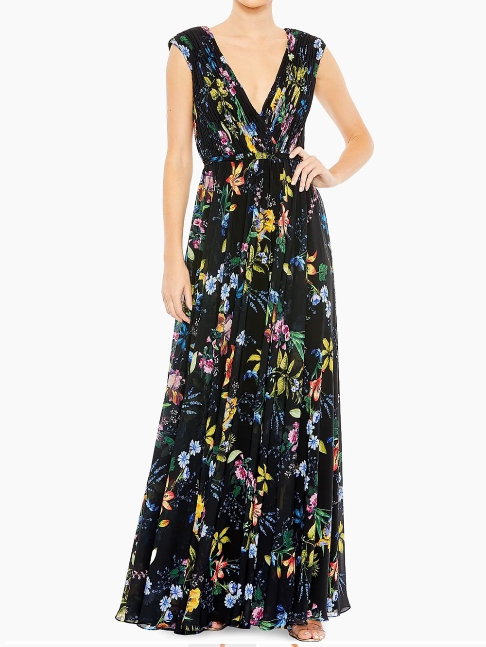 Mac Duggal Pleated Floral A-line Evening Gown